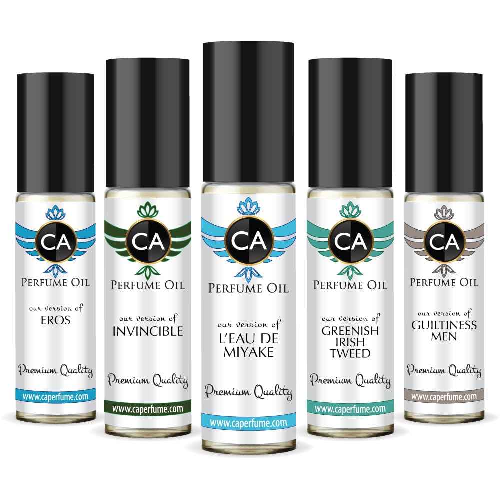 CA Perfume Best Summer Perfume Men Set Impression of (Invincible + Leau Issara Mikai + Guiltiness + Greenish Irish Tweed + Eros) Fragrance Body Oils Essential Travel Size Roll-On (0.3 Fl Oz/10 ml) x5