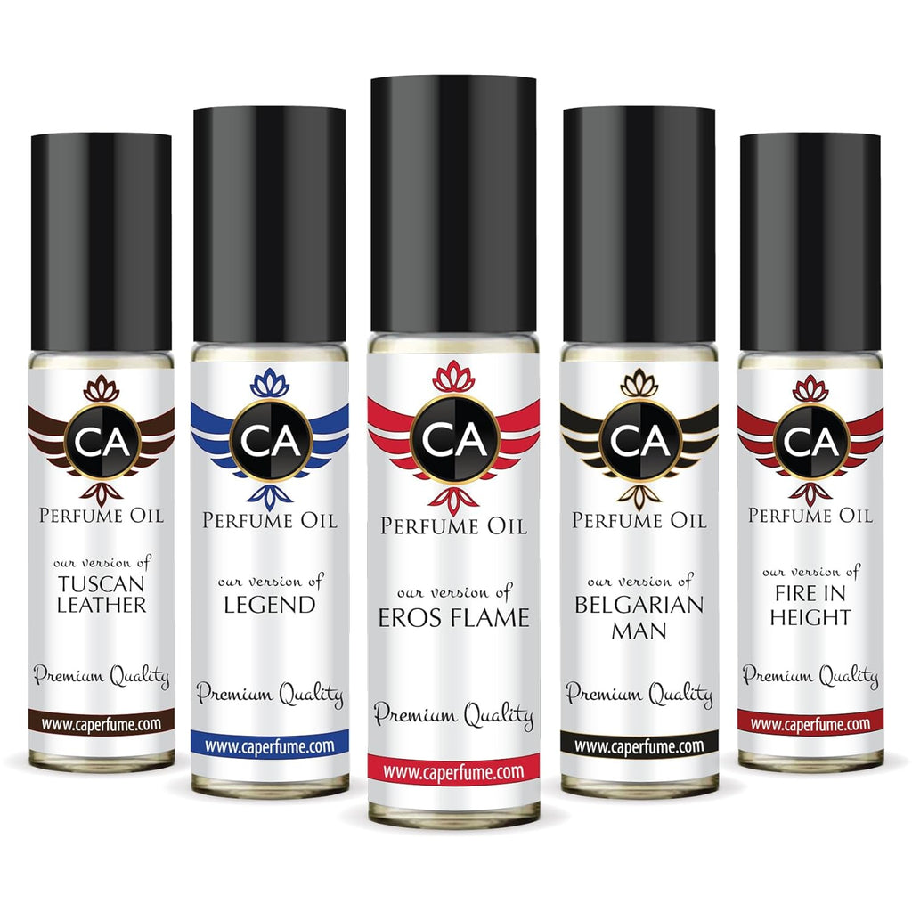 CA Perfume Best Fall Men Set Impression of (Eros Flame + Belgarian Man + Legend + Fire In Height + Tuscan Leather) Fragrance Body Oils Essential Sample Travel Size Roll-On (0.3 Fl Oz/10 ml) x5